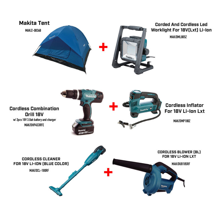 Picture of MAKITA TENT, Corded And Cordless Led Worklight For 18V(Lxt) Li-Ion, CORDLESS HAMMER DRIVER DRILL FOR 18V LI-ION LXT 13MM, Cordless Inflator For 18V Li-Ion Lxt, CORDLESS CLEANER FOR 18V LI-ION (BLUE COLOR), CORDLESS BLOWER (BL) FOR 18V LI-ION LXT